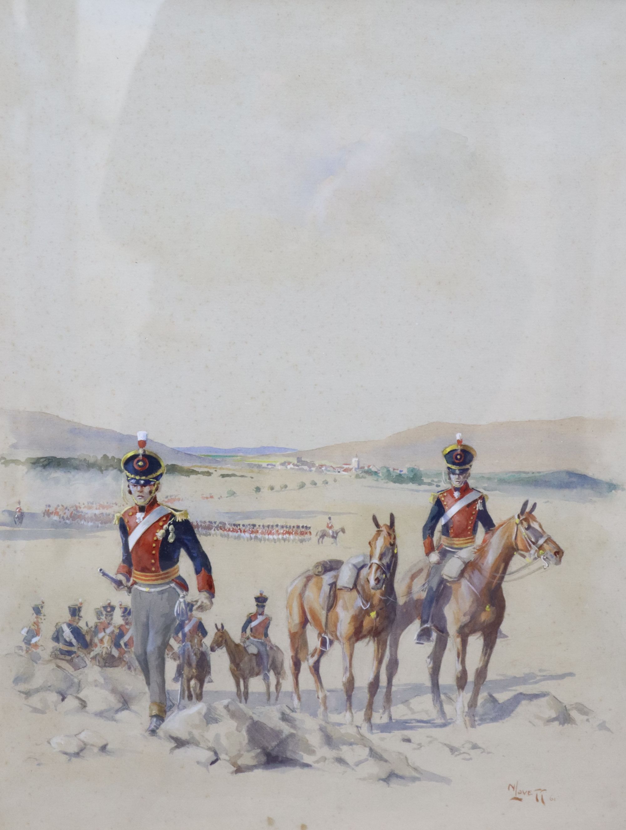Nigel Lovett, watercolour, 9th Light Dragoons 1811, signed and dated 61, 47 x 37cm
